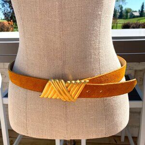 Vintage 80s 90s Mustard Yellow Suede Leather Gold Buckle Statement Waist Belt